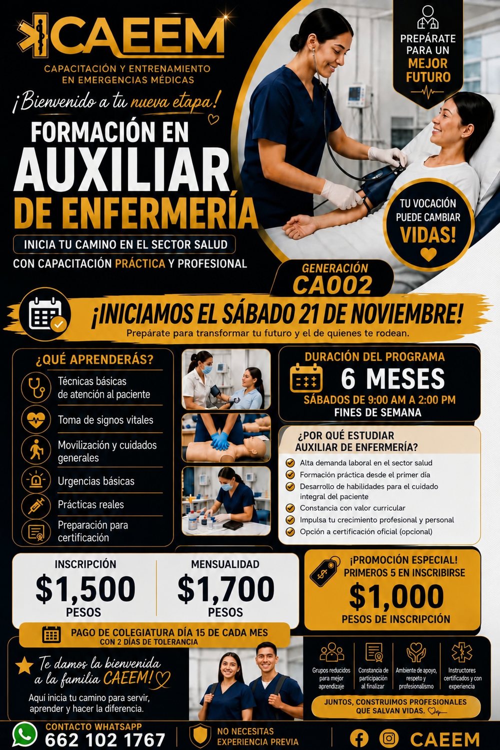 Flyer: Formación en Auxiliar de Enfermería, Generación CA002, inicia sábado 21 de noviembre