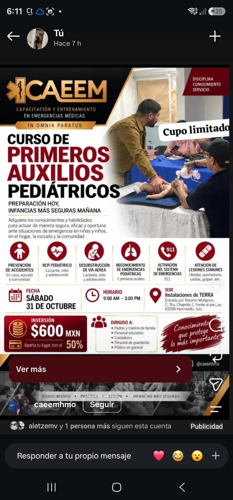 Flyer: Curso de Primeros Auxilios Pediátricos, sábado 31 de octubre