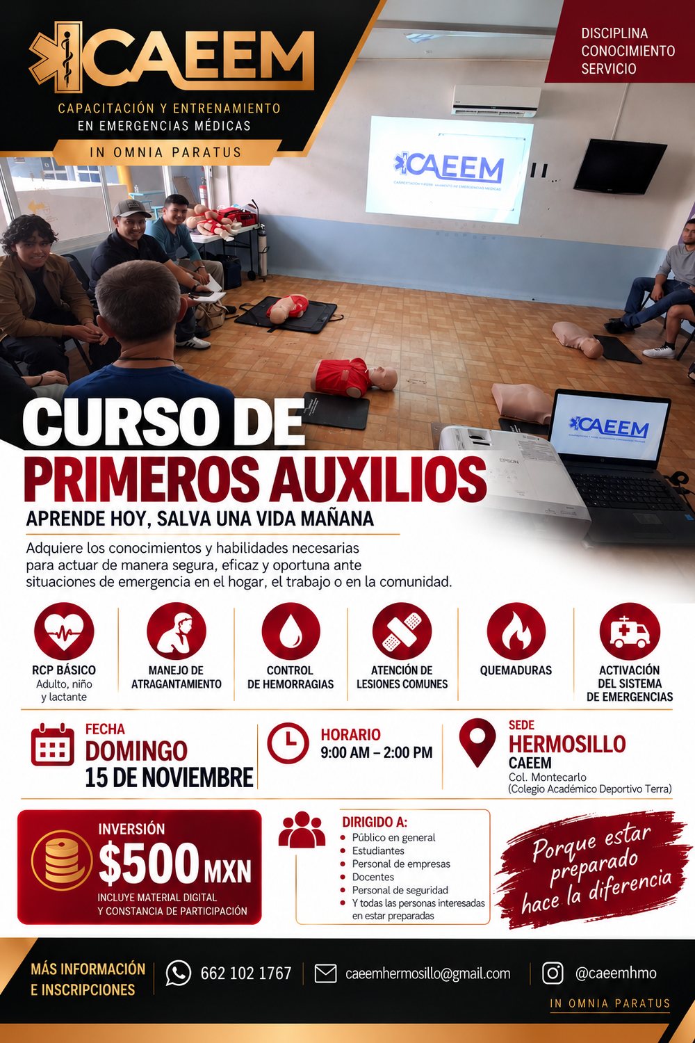 Flyer: Curso de Primeros Auxilios, domingo 15 de noviembre