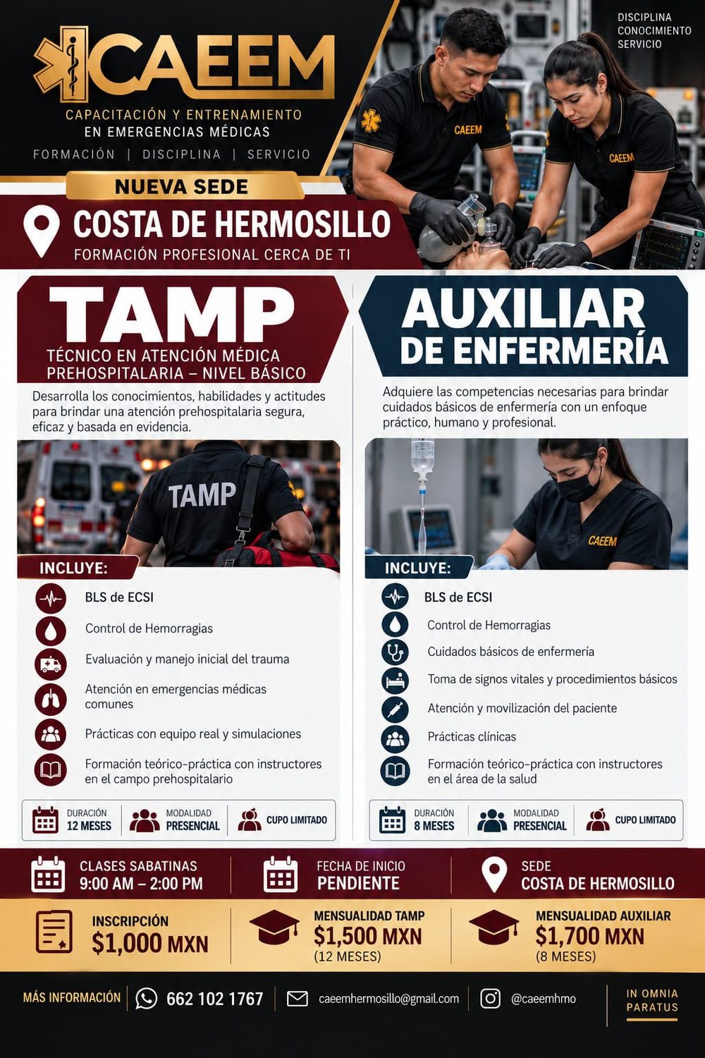 Flyer: TAMP y Auxiliar de Enfermería, nueva sede Costa de Hermosillo